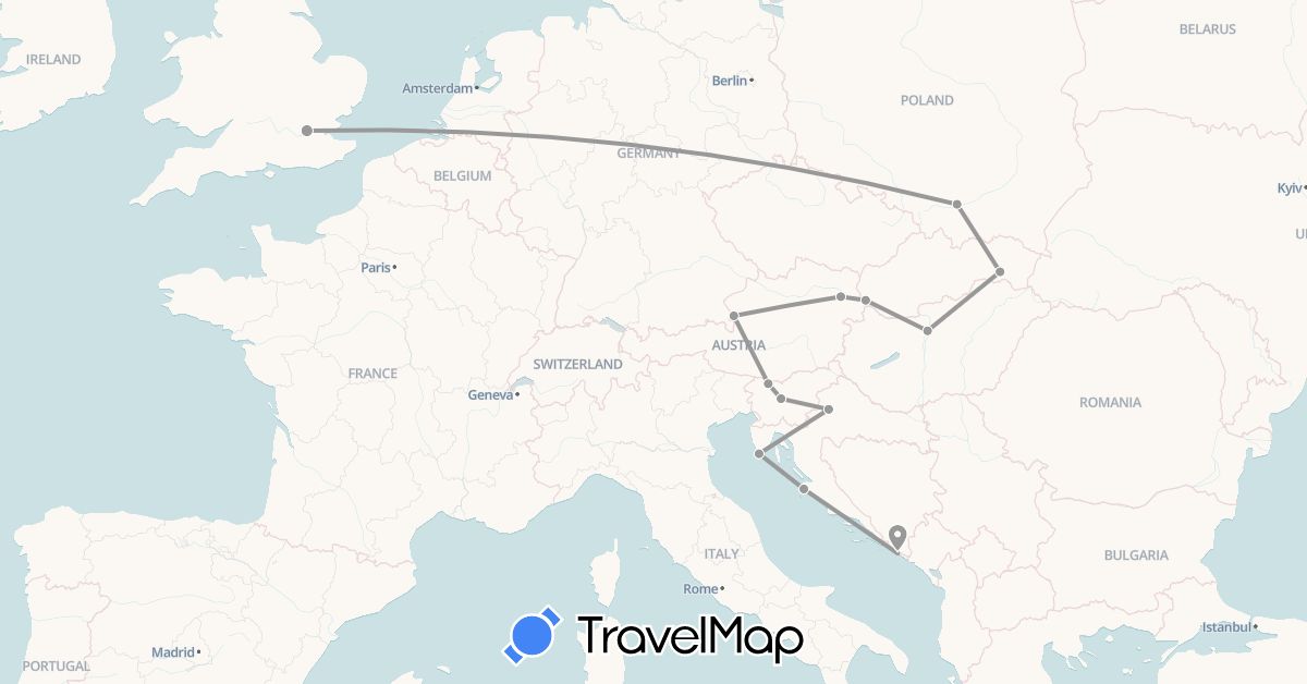 TravelMap itinerary: driving, plane in Austria, United Kingdom, Croatia, Hungary, Poland, Slovenia, Slovakia (Europe)